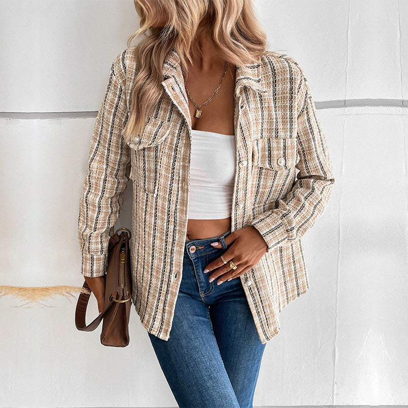 Women's Fashion Wear Pearl Buckle Lapel Plaid Jackets