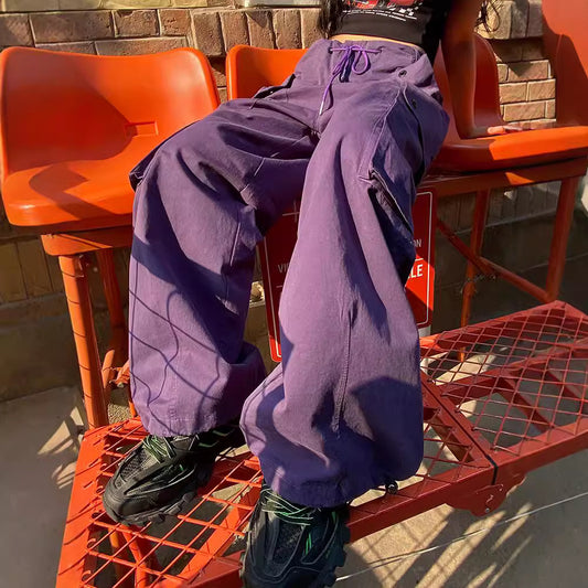 Women's American Hot Purple Overalls Large Loose Pockets Pants