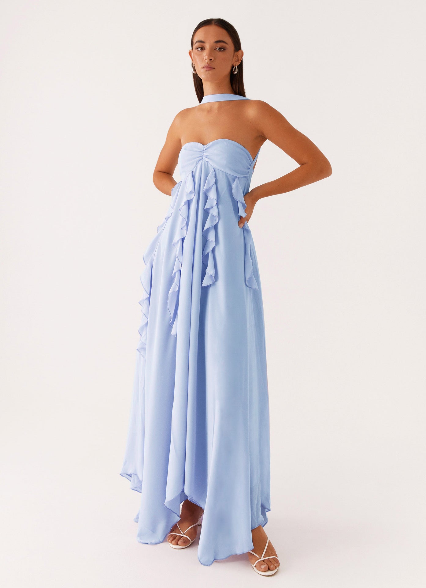 Spring Backless Halter Irregular Pleated Chiffon Dresses
