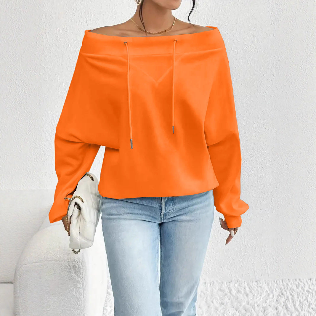 Women's Oblique Shoulder Loose Casual Drawstring Sweatshirt Women's Sweater, Sweater
