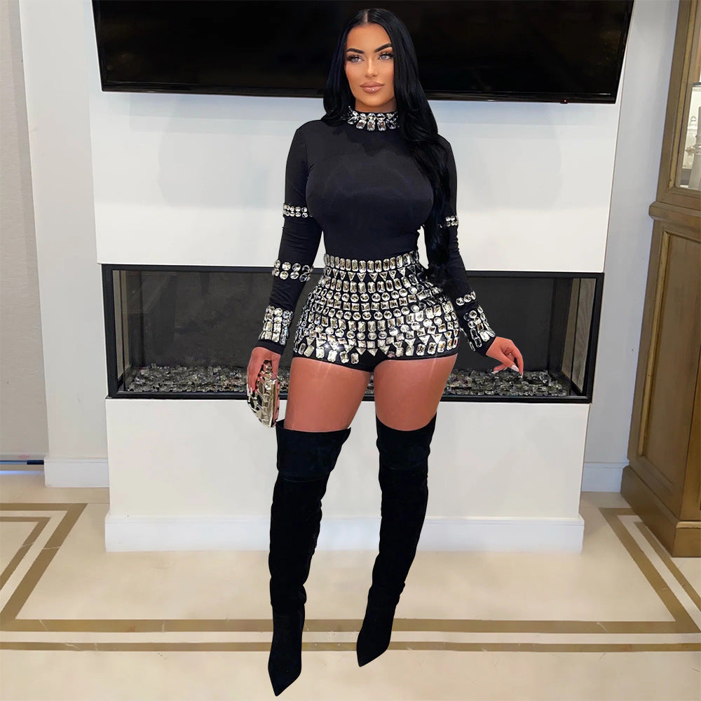 Women's Fashion Rhinestone Slim Fit Bodysuit Party Jumpsuits