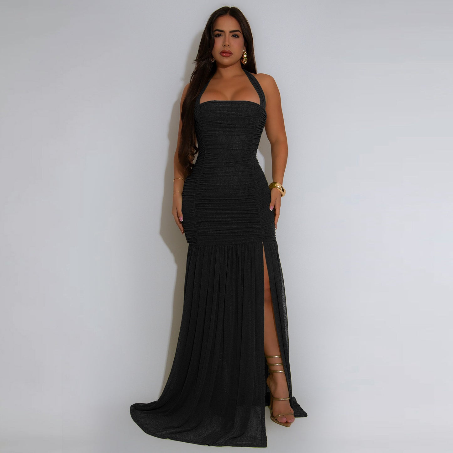 Women's Fashion Wear Summer Mesh Sexy Slit Solid Dresses