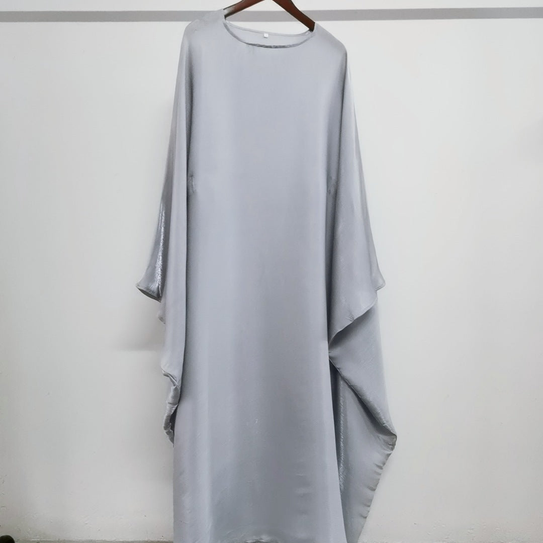 Solid Color Loose Simple Shiny Satin Robe Batwing Dress