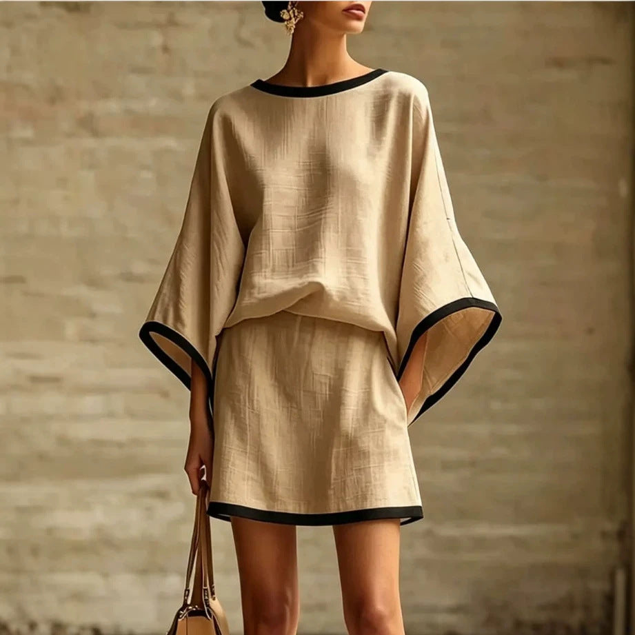 Women's Cotton Linen Dolman Sleeve Two-piece Set Skirts