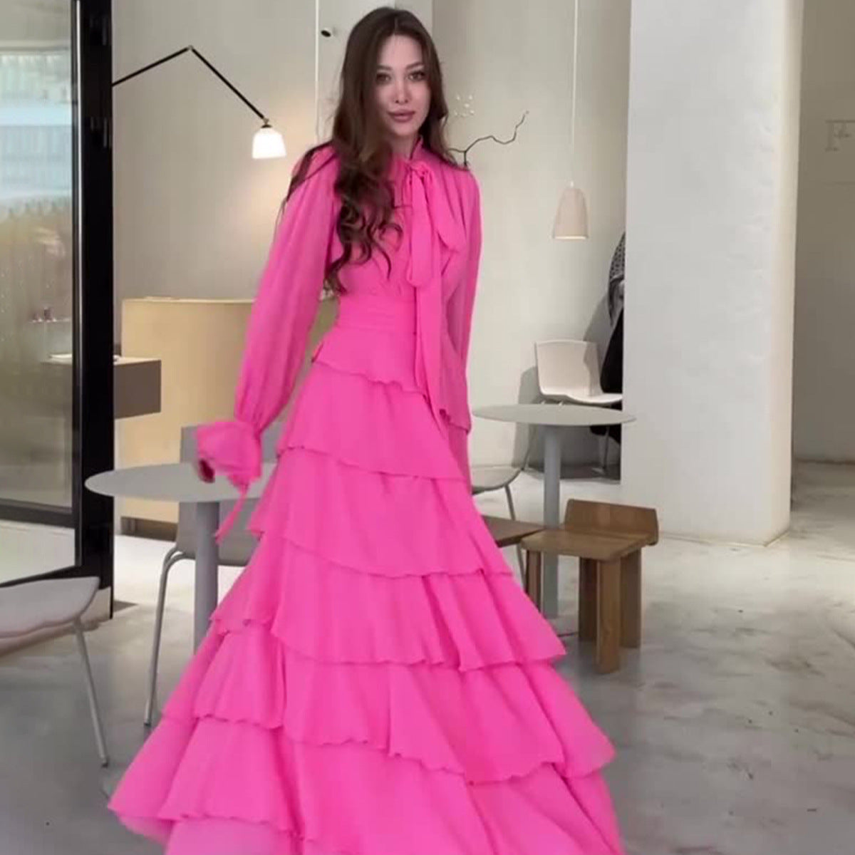 Ruffled Stitching Palace Style Chiffon Design Sense Dresses
