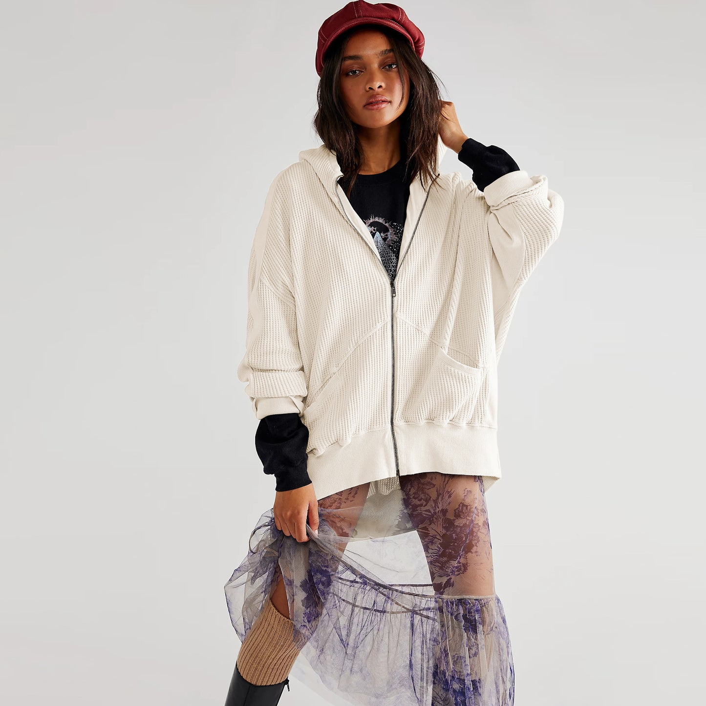 Women's Waffle Zipper Idle Style Loose Wear Cardigans