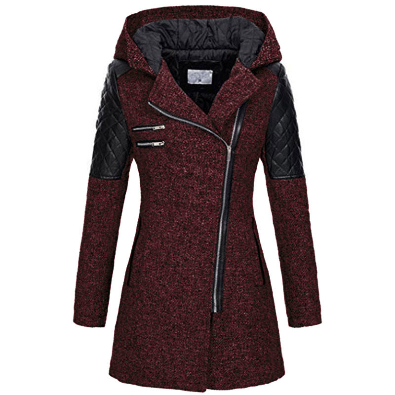 Women's Mid-length Hooded Loose Oblique Zipper Woolen Blazers