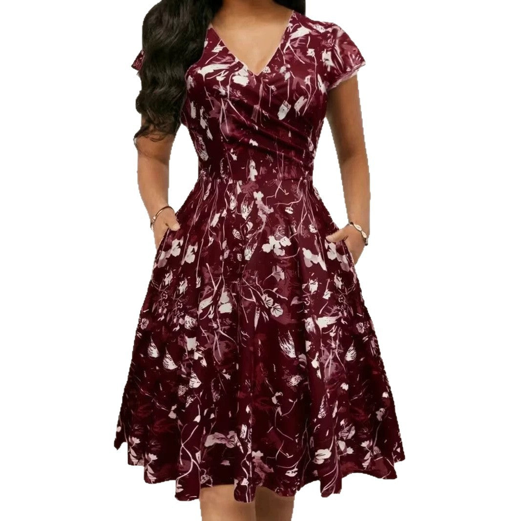 Women's Summer Pocket Sleeve Popular Floral Print Long Dress