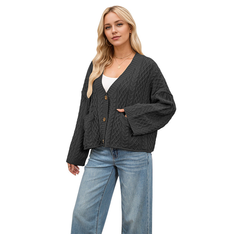 Solid Color Twist Single-breasted Double Pocket Sweaters