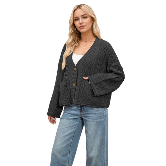 Solid Color Twist Single-breasted Double Pocket Sweaters