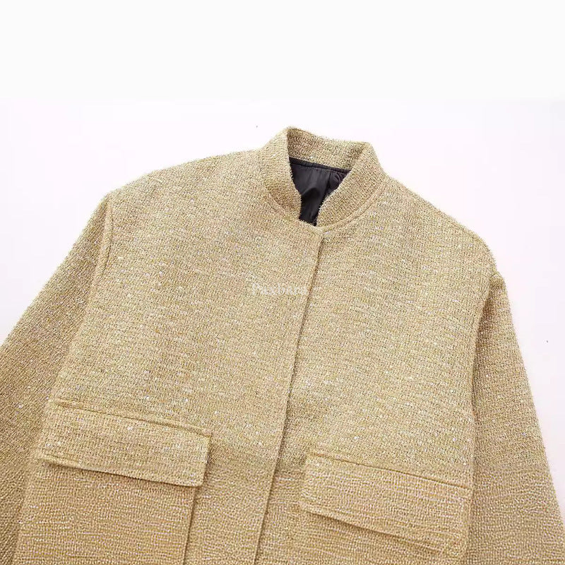Women's Sequined Stand Collar Pocket Decoration Long Jackets