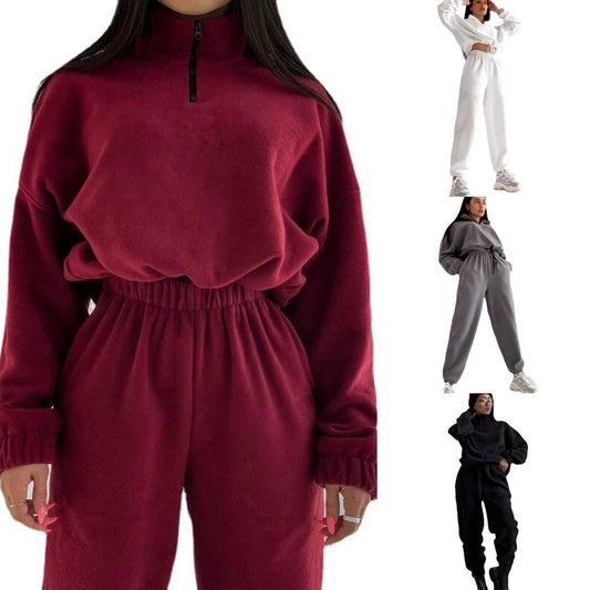 Women's Solid Color Loose Zip Stand Collar Suits