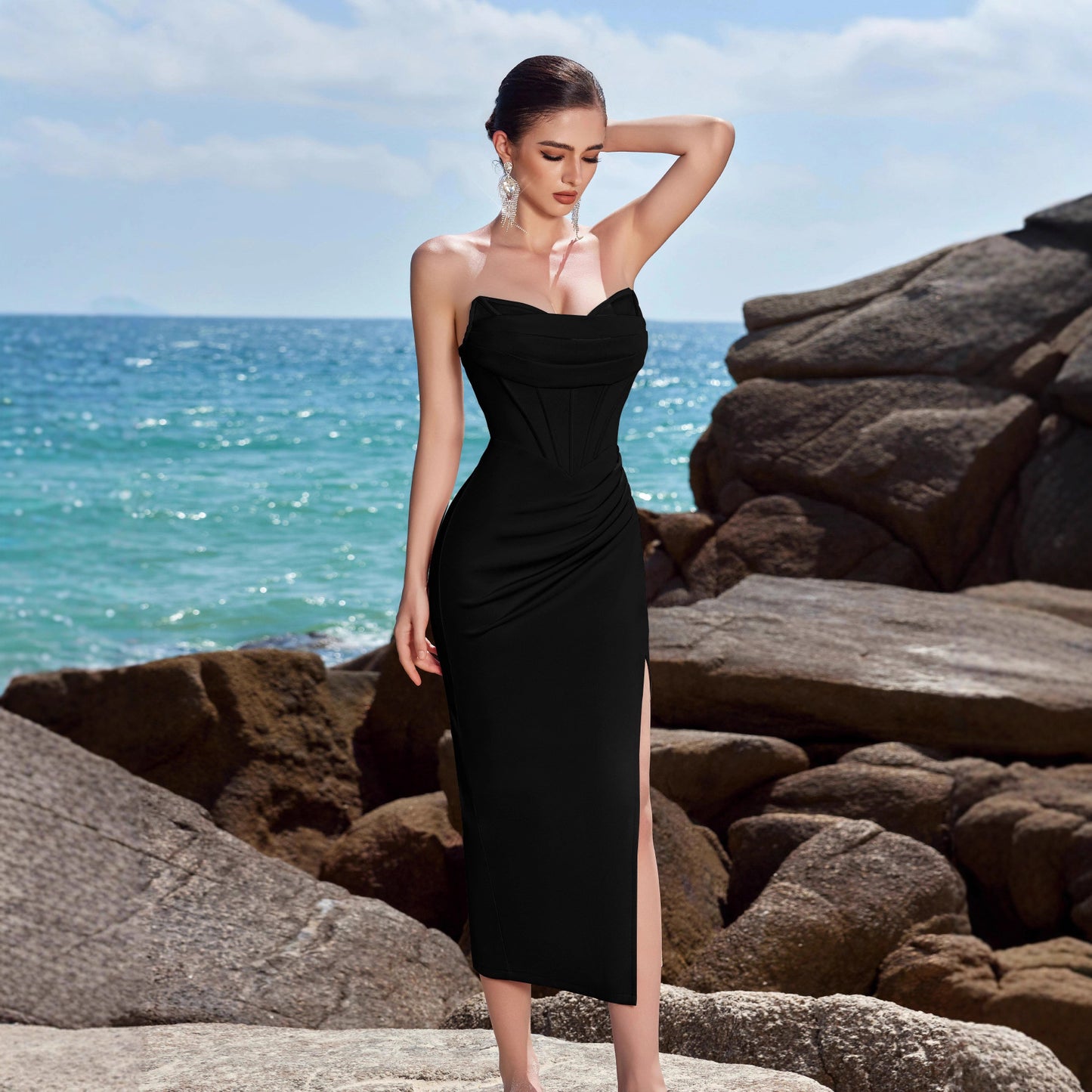 Sexy Tube Slit Solid Color Slim The Dinner Tops