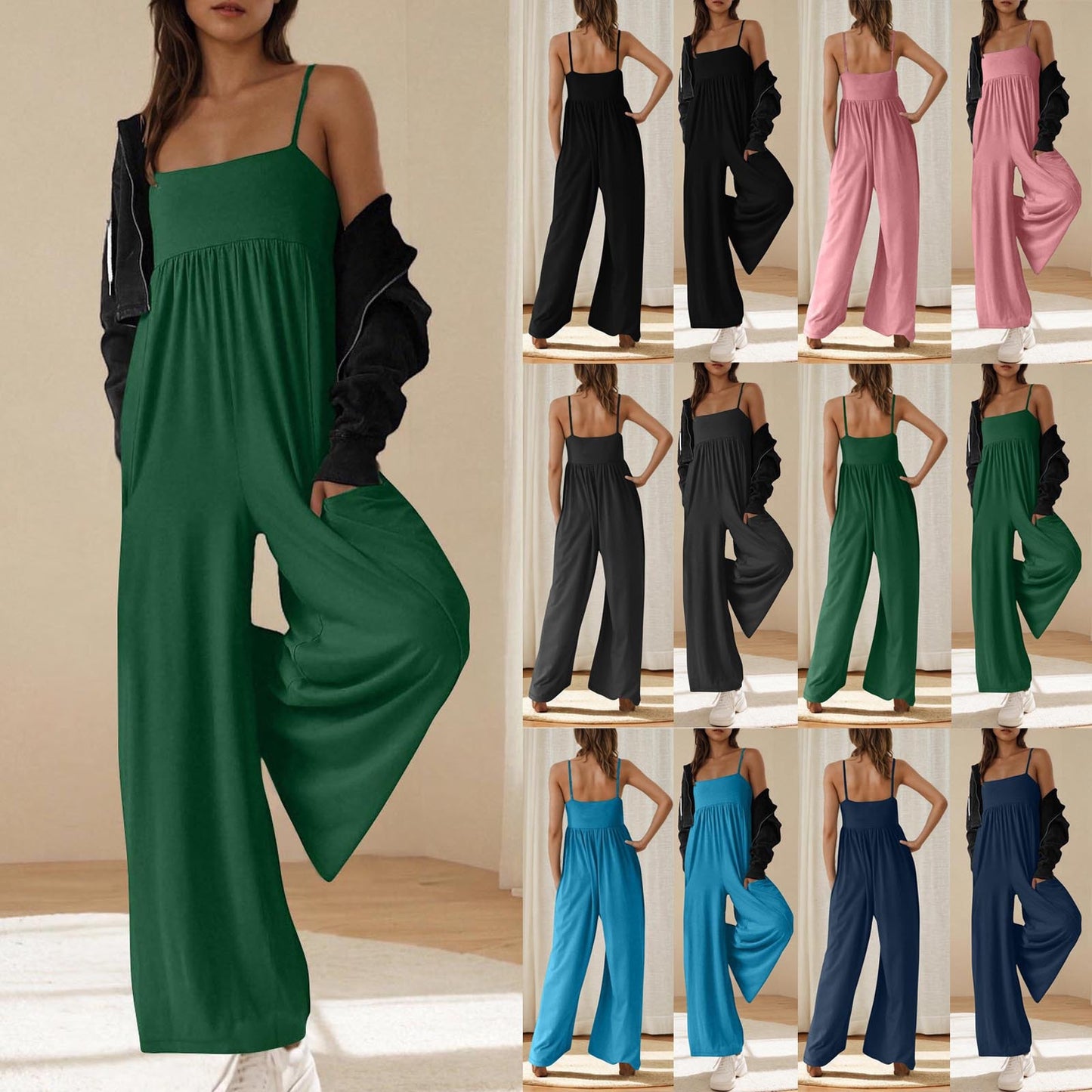 Women's Casual Suspender Sleeveless Square Collar Slimming Wide Women's Jumpsuit/clothing