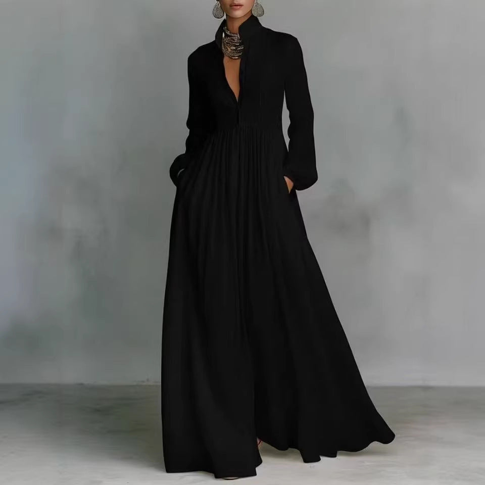 French Style Slimming Long Sleeve Pleated Elegant Retro Casual Dress
