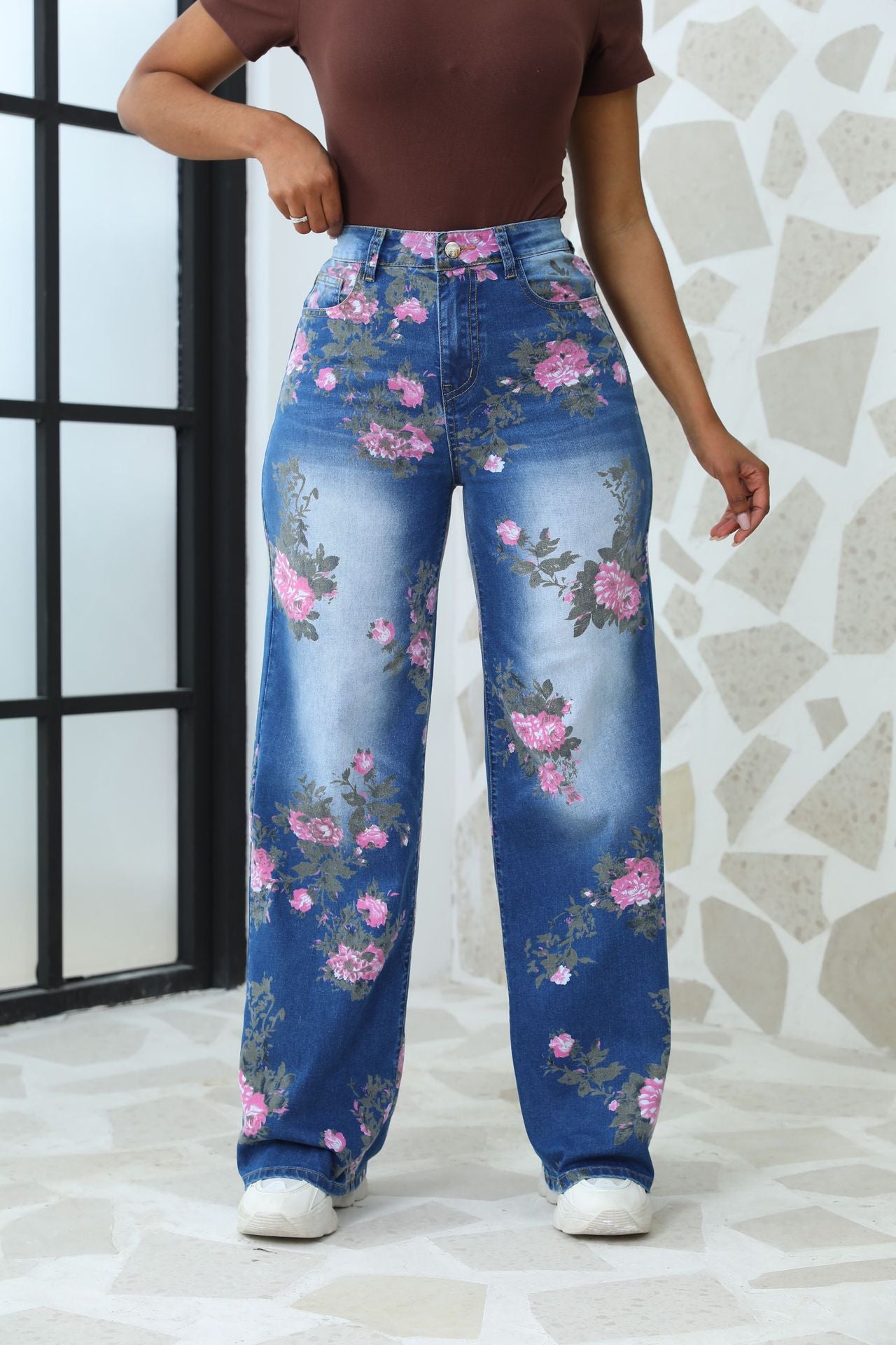 Waist Stretch Vintage Random Print Loose Wide Jeans
