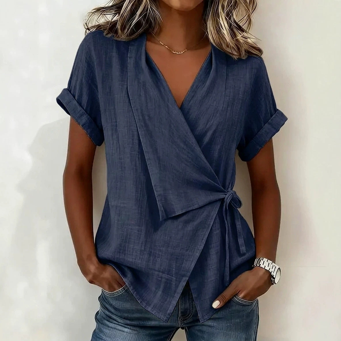 Summer Casual Solid Color Polo Collar Irregular Women's T-shirt