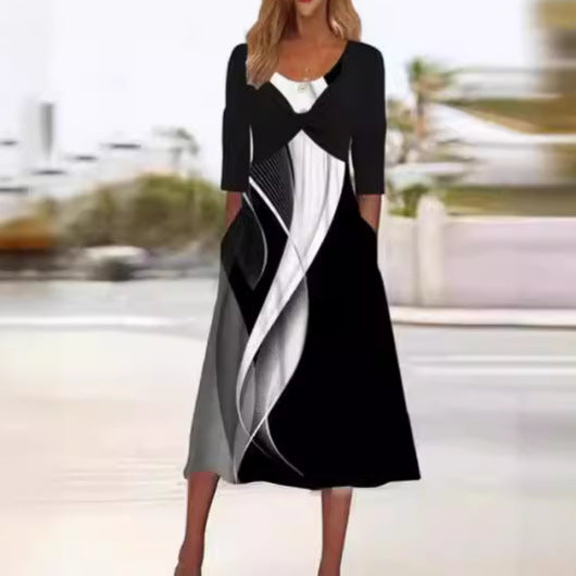 Fashion Printed Fake Two Pieces Large Three Dress