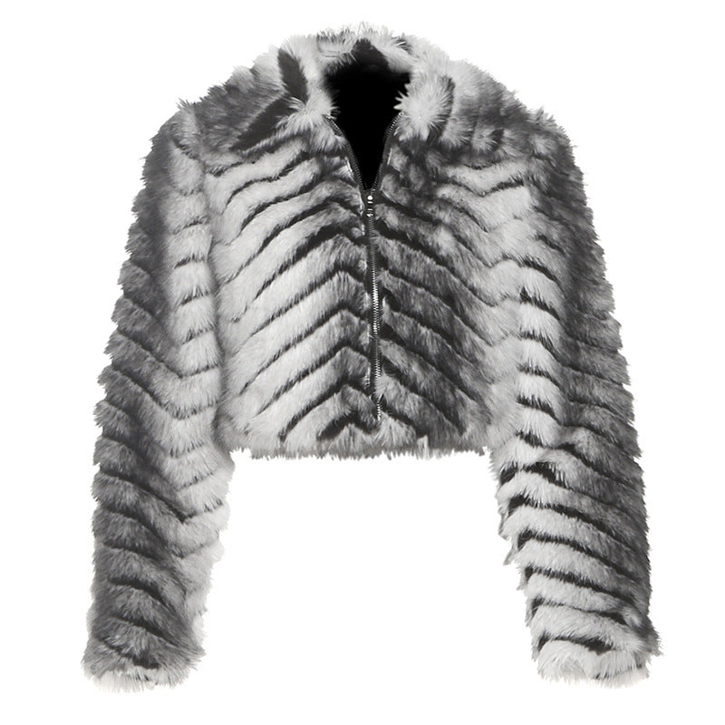 Women's Fashion Temperament Striped Lapel Zipper Fur Coats