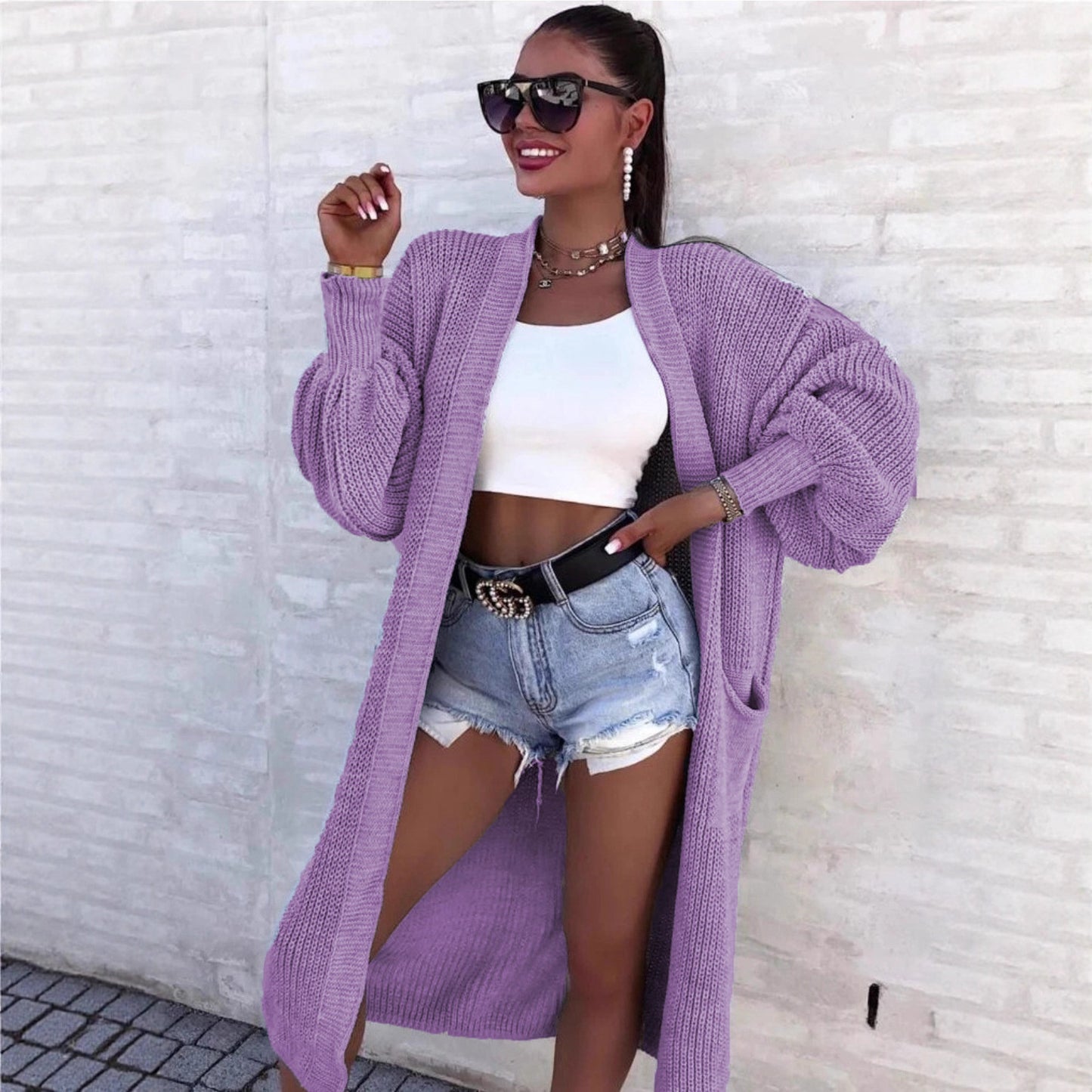 Women's Loose Long Lantern Sleeve Pocket For Knitwear