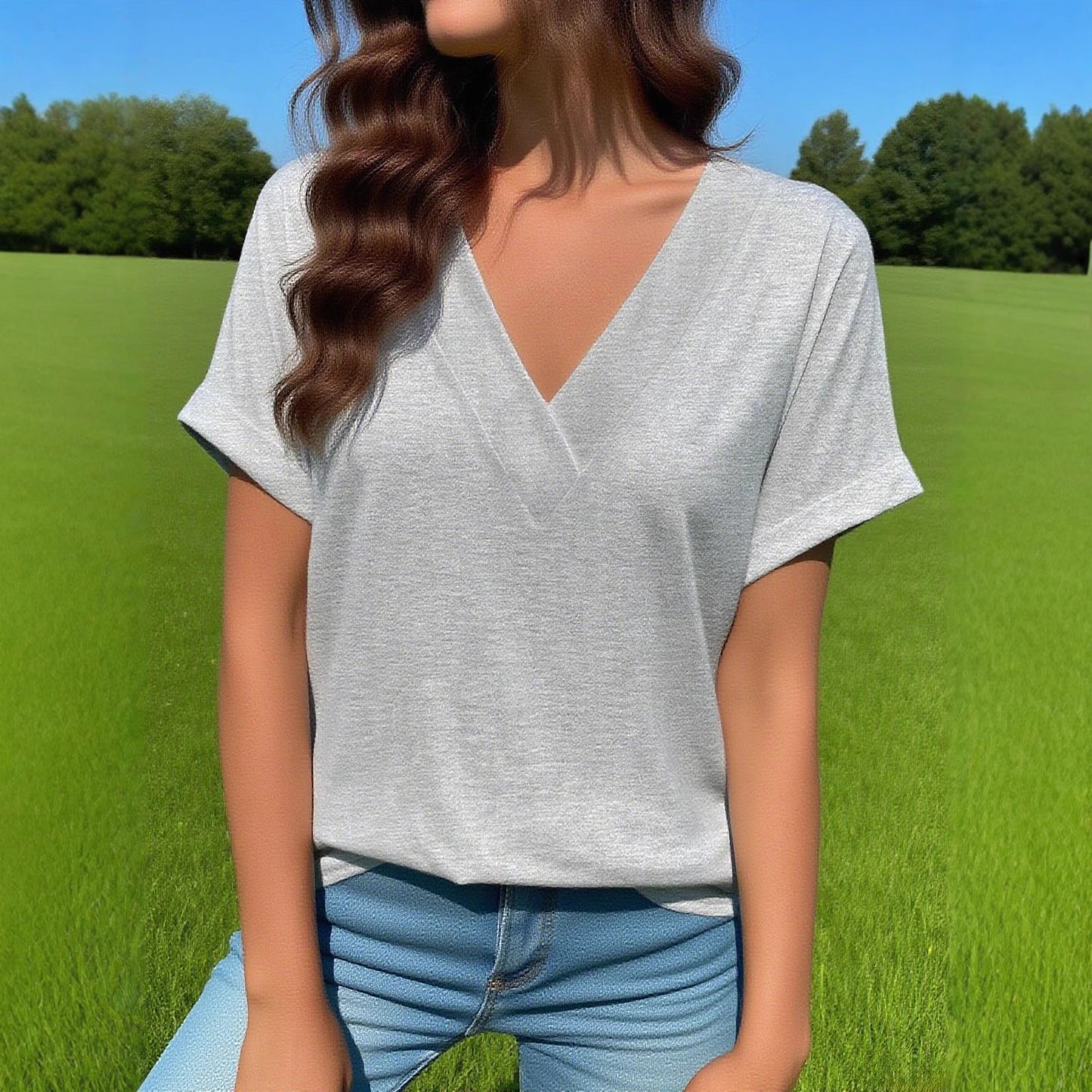 Women's Summer Casual Collar Solid Color Simple Sleeve Curling Loose Women's T-shirt