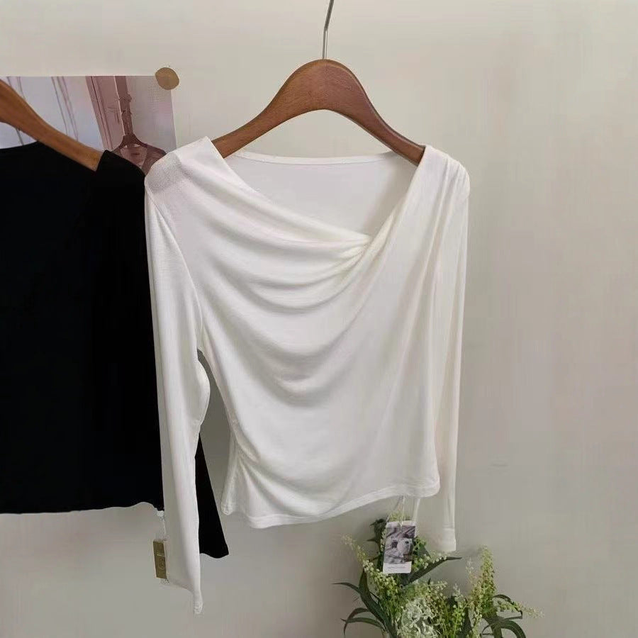 Women's Sexy Pleated Neckline White Bottoming Shirt Autumn Blouses