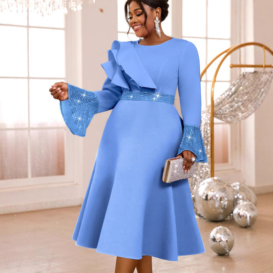 Women's Light Blue Diamond Ruffled Flared Sleeve Swing Midi Dresses
