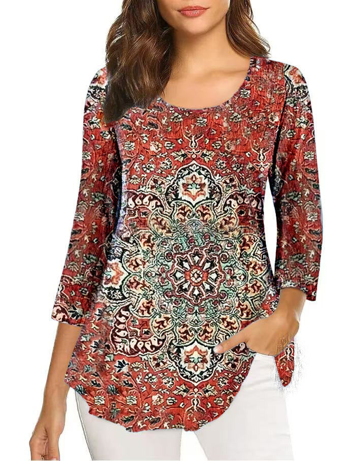 Autumn Three-quarter Sleeve Round Neck Printed Mid-length Bottoming Tops