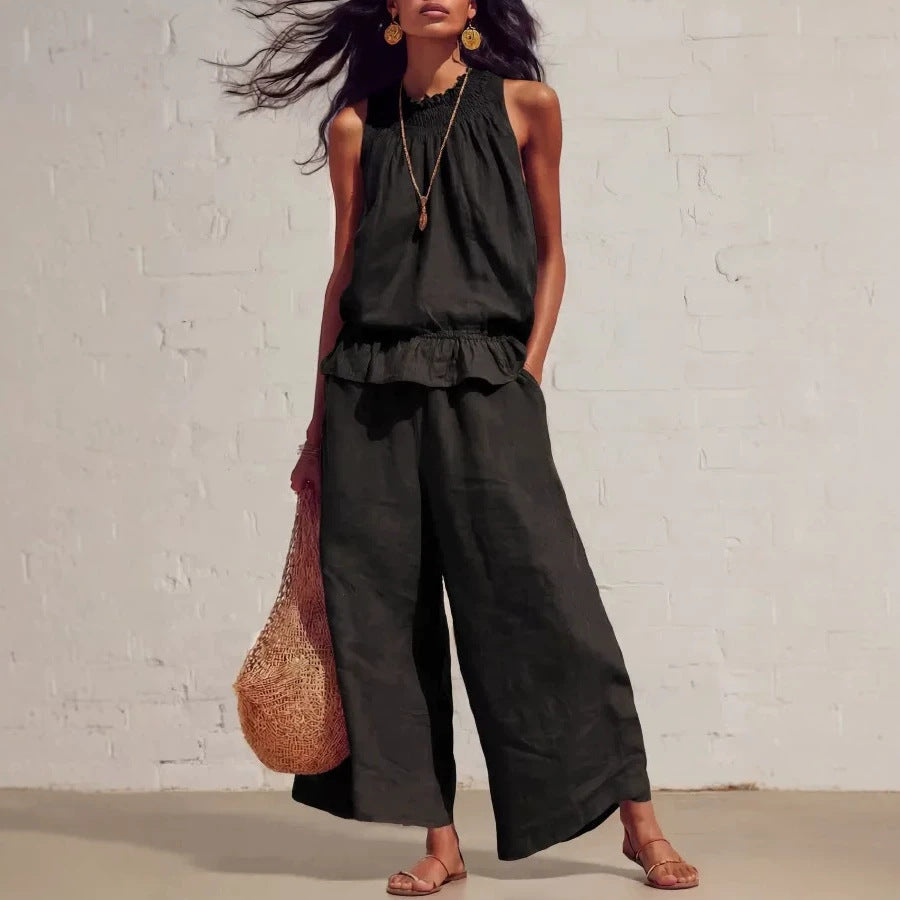 Sleeveless Cool Elastic Waist Design Wide Tops