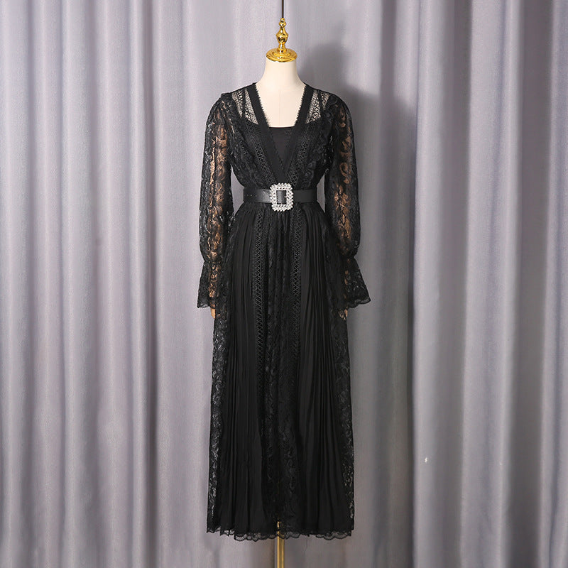 Women's Vintage Court Style Hollow Out Lace Long Dress Dresses