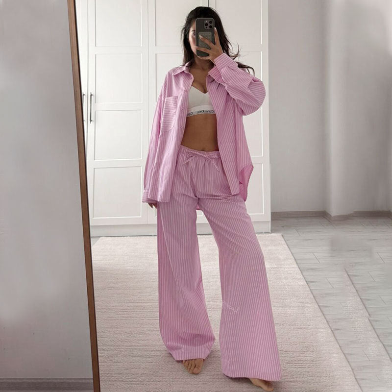 Women's Striped Casual Simple Long-sleeved Trousers Loose Suits