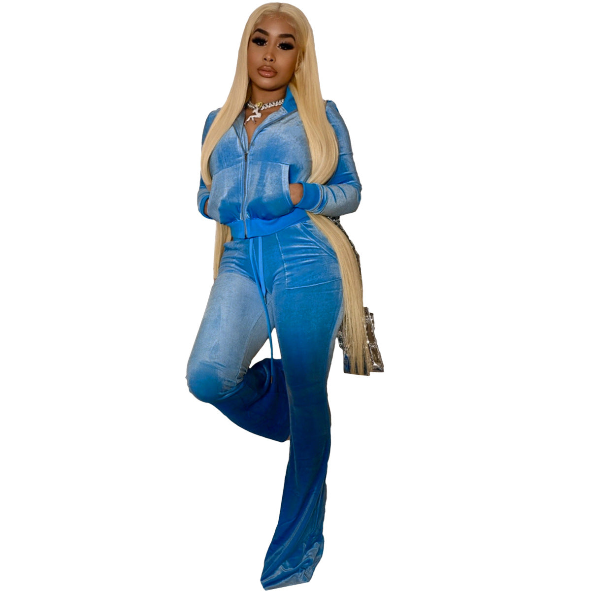 Women's Fashion Veet Solid Color Long Sleeve Bell-bottom Suits