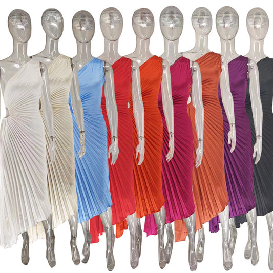 Women's Diagonal Collar Pleated Hollow Dress Satin Dresses