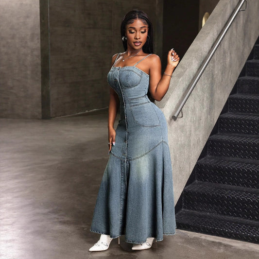 Fashionable Temperament Mid-length Single-breasted Suspender Denim Dresses