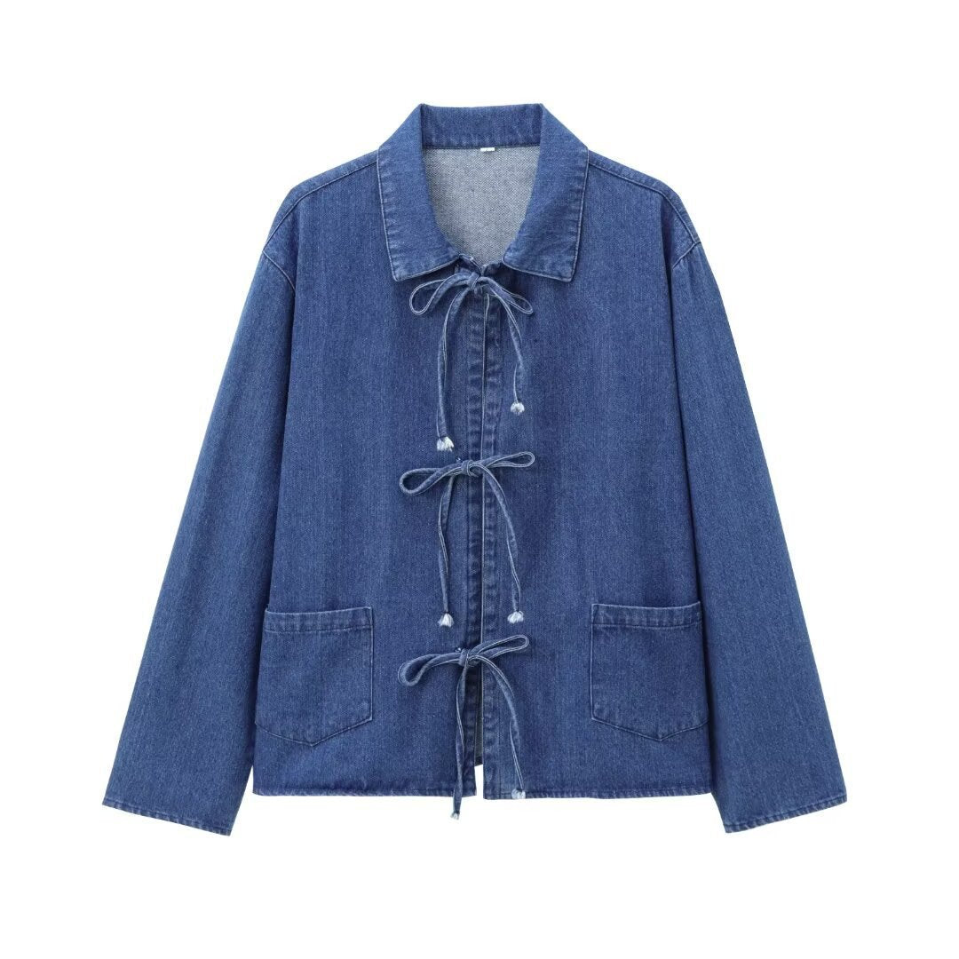 Women's Long Sleeve Washed Pocket Bow Shirt Jackets
