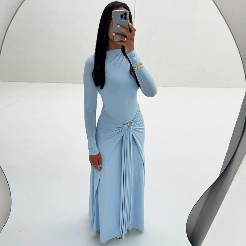 Pure Color Round Neck Long Sleeve Decoration Buckle Dress
