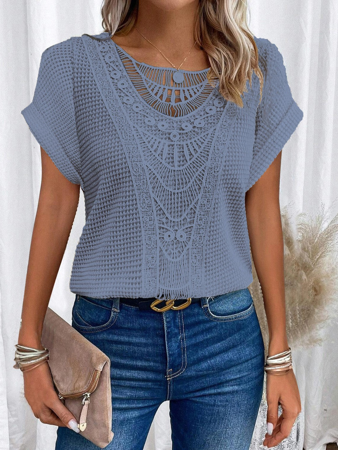 Pretty Fashion Women's Lace Patchwork Short-sleeved Women's T-shirt