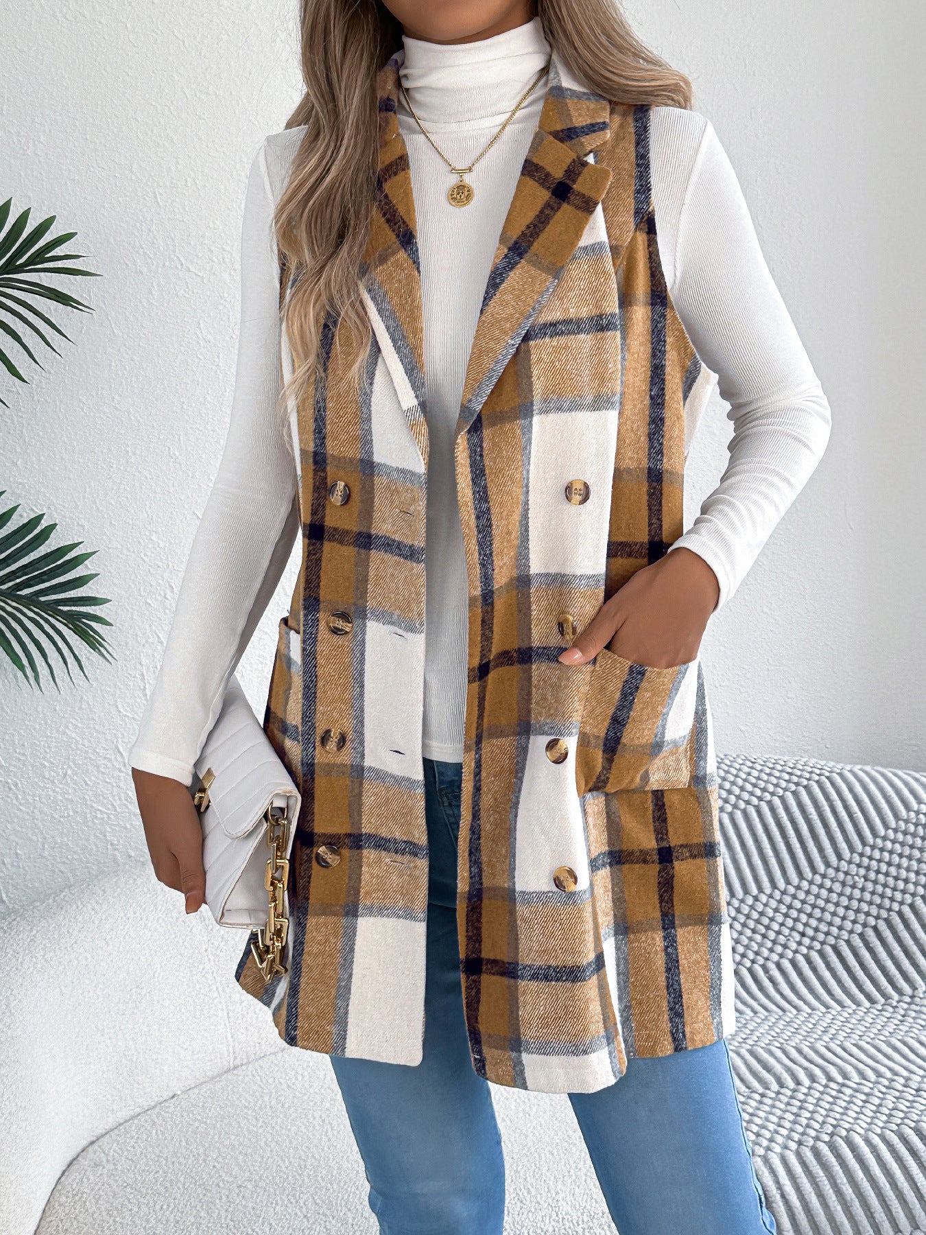 Women's Plaid Double Breasted Pocket Woolen Long Vests