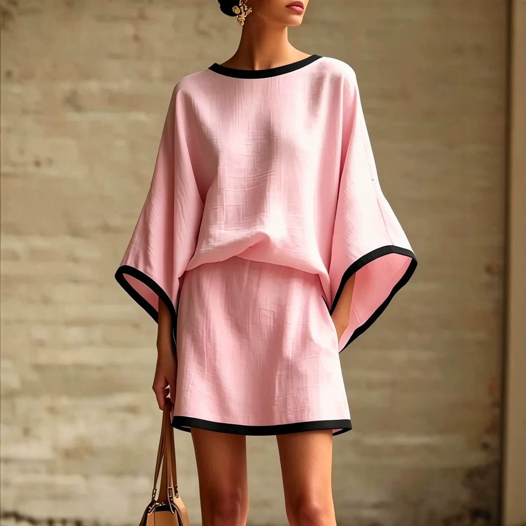 Women's Cotton Linen Dolman Sleeve Two-piece Set Skirts