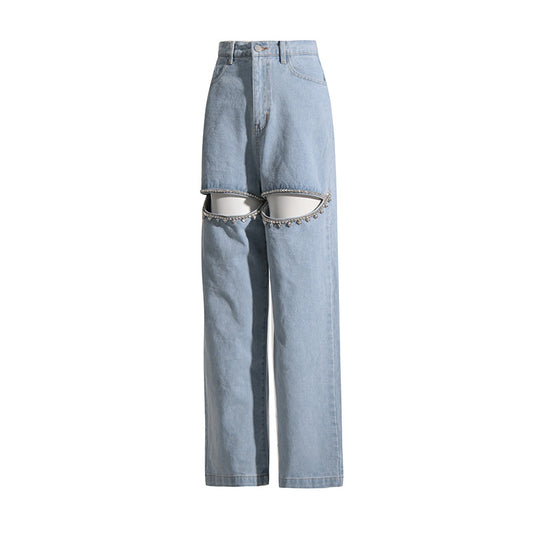 Waist Long Diamond Studded Hollow Design Jeans