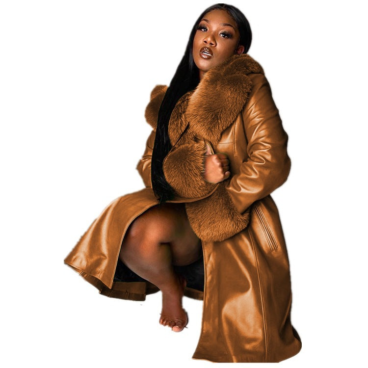 Solid Color Polo Collar Long Fur Jackets