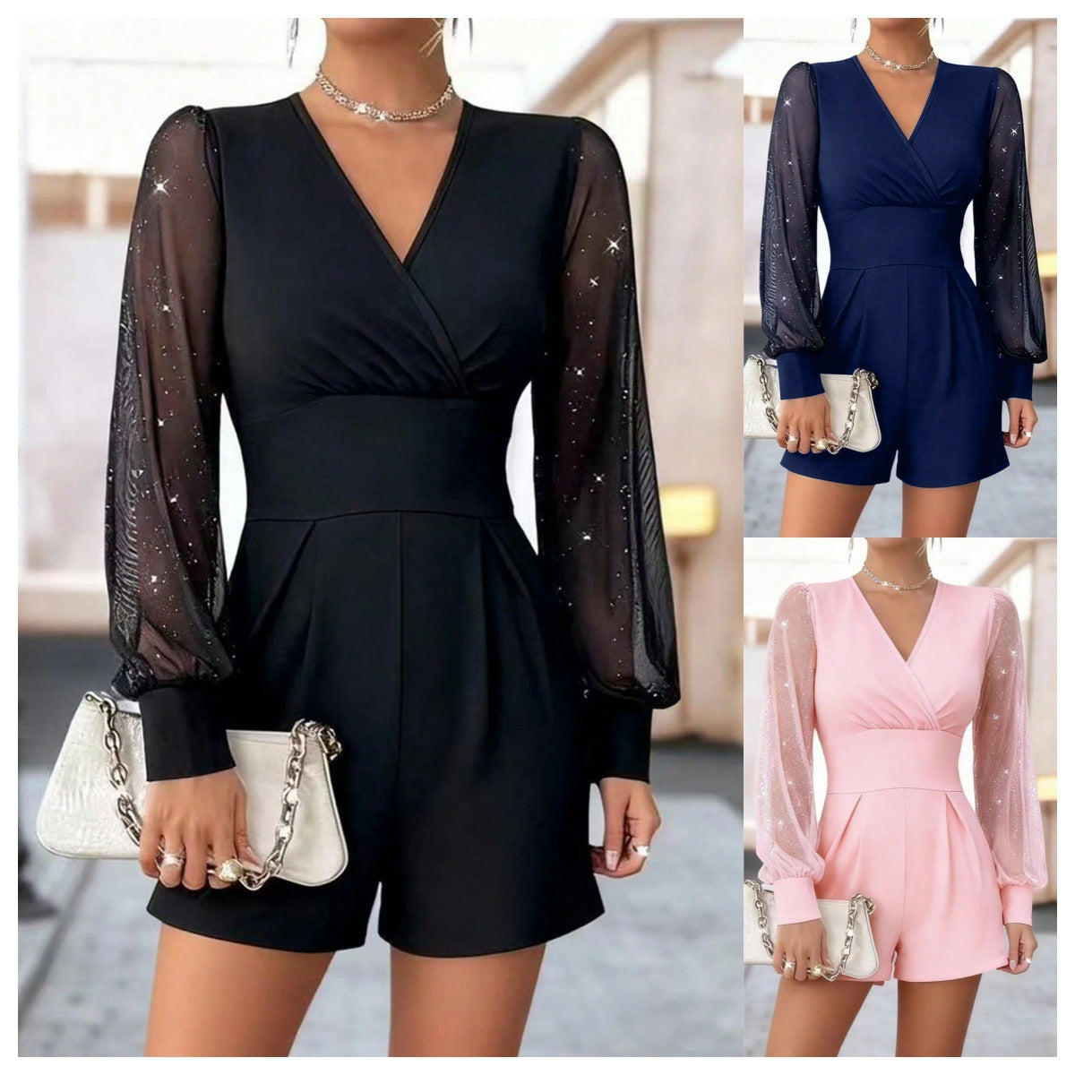 Collar Long Sleeves Sexy Mesh Stitching Jumpsuits