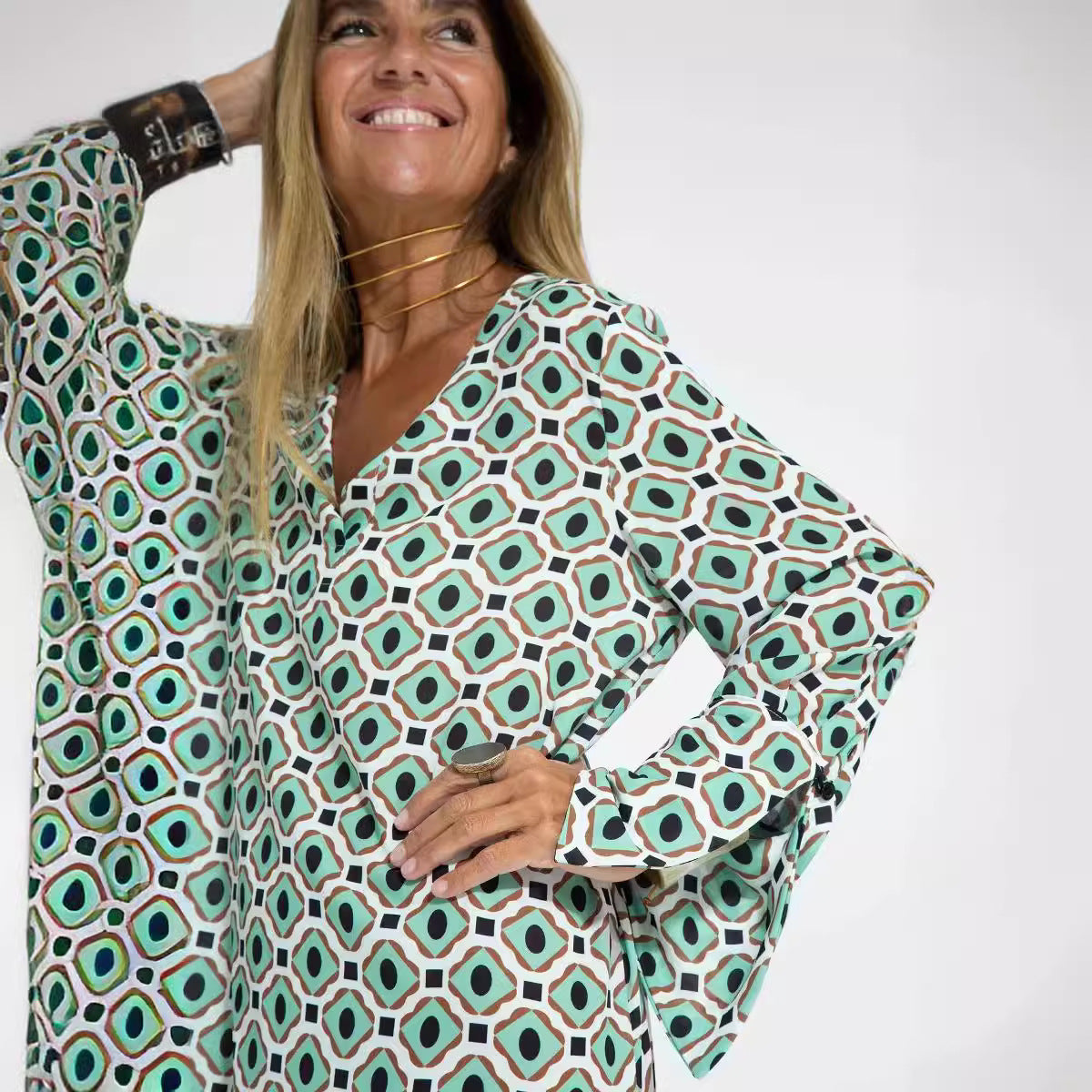 Temperament Polyester Large Swing Split Pullover Long Sleeve Slit Dress