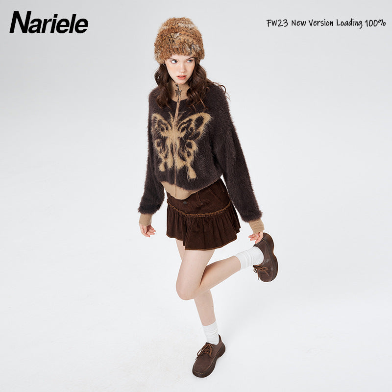 Mohair Stand Collar Butterfly Embroidery Zipper Sweaters