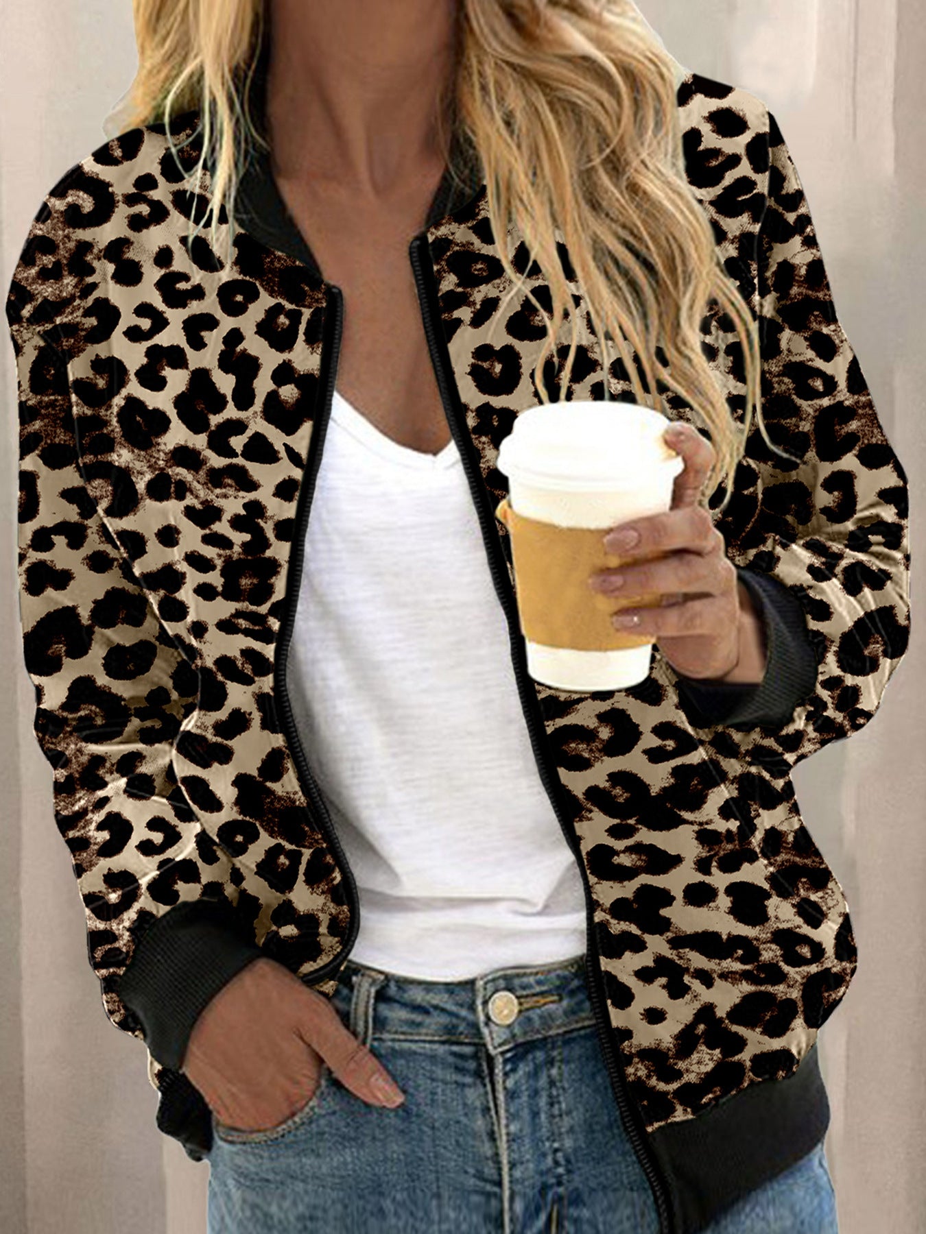 Autumn Leopard Print Stand Collar Zipper Women's Sweater, Sweater