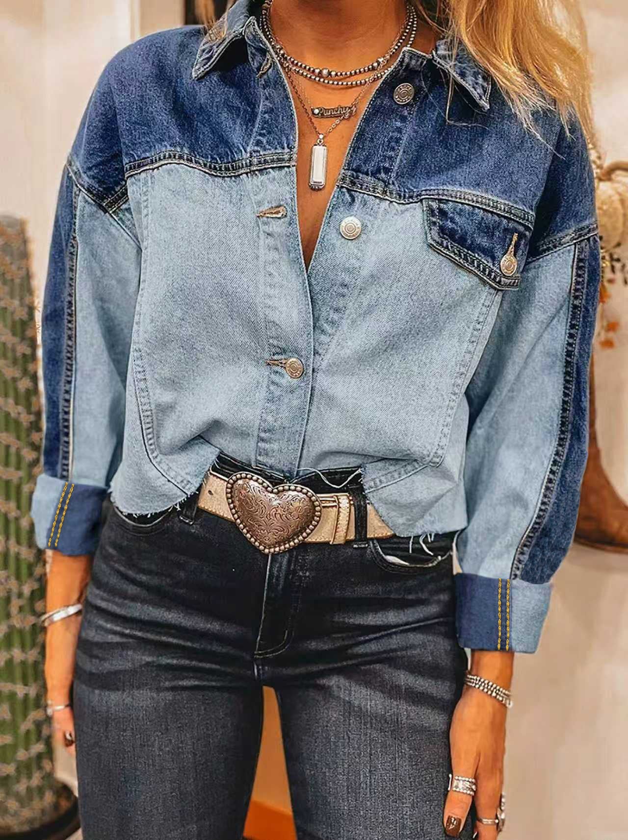 Women's Flip Denim Button Loose Edge Hem Jackets