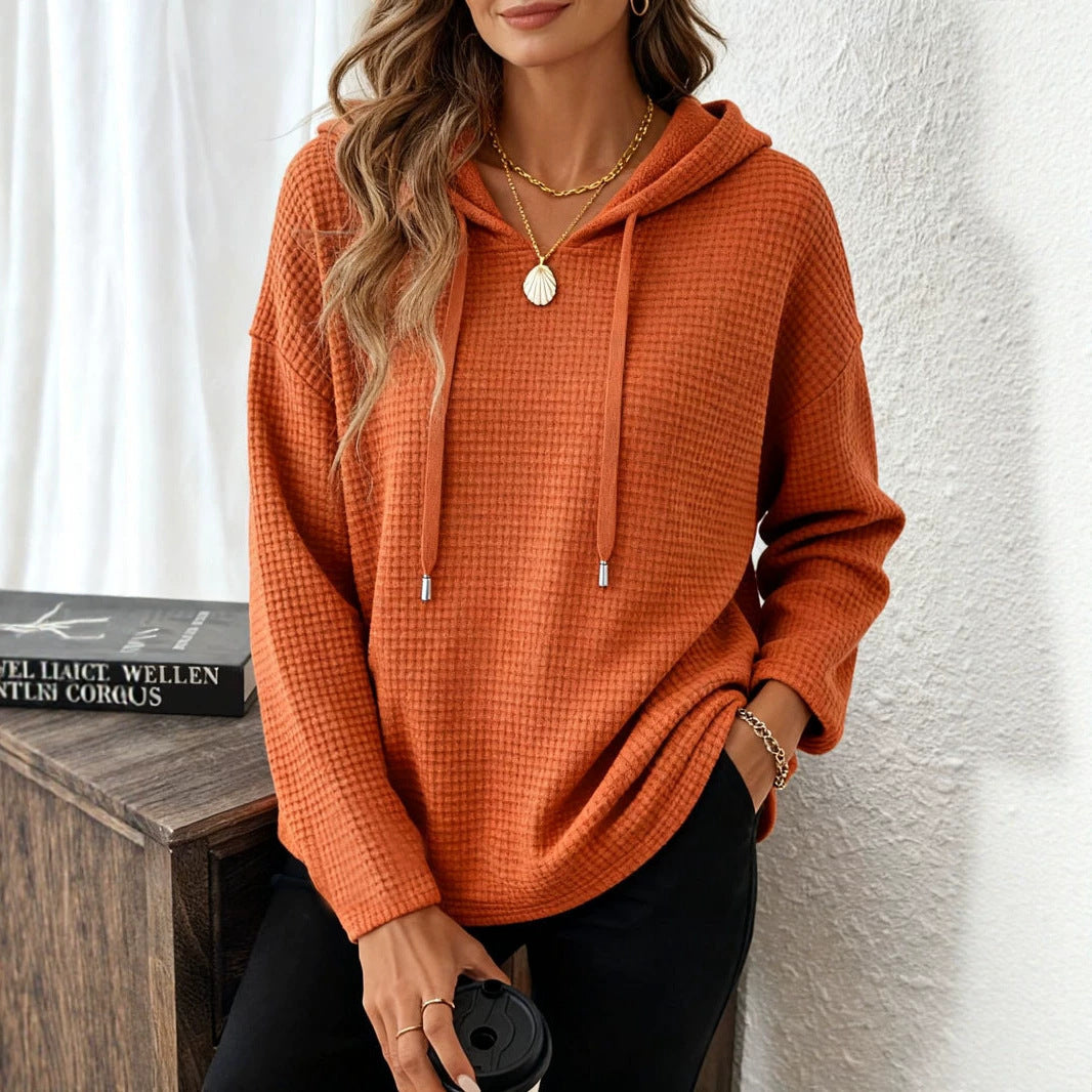 Women's Fashion Waffle Pullover Solid Color Hoodie Tops