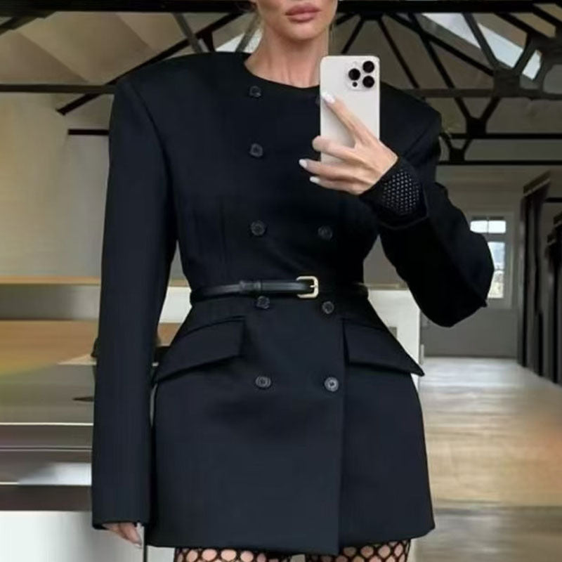 Women's Autumn Slim Fit Tied Double Breasted Solid Blazers