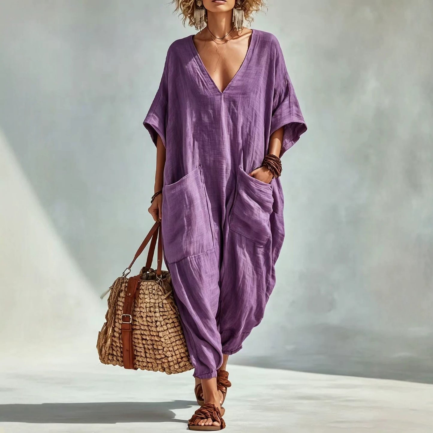 Women's Cotton Linen Loose Large Pocket Bloomers Beach Jumpsuits