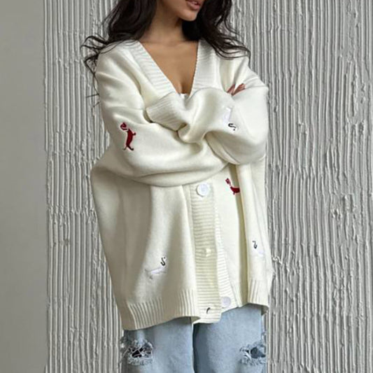 Style Idle Sausage Dog Embroidered Loose Sweaters